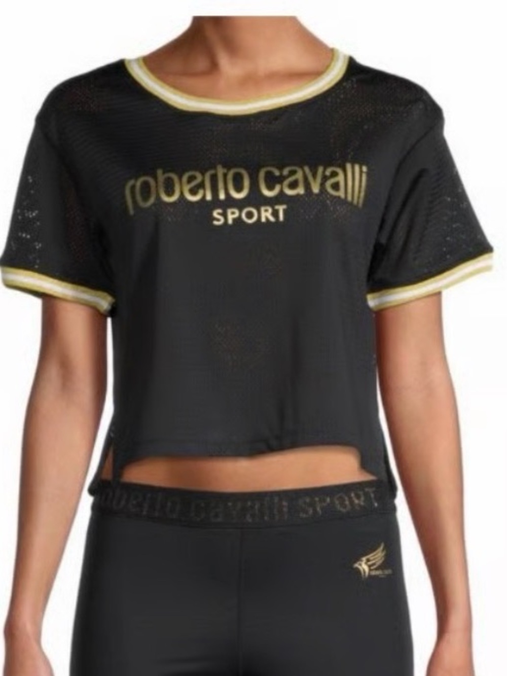 Roberto Cavalli Black and Gold Mesh Crop Tee size XS/S